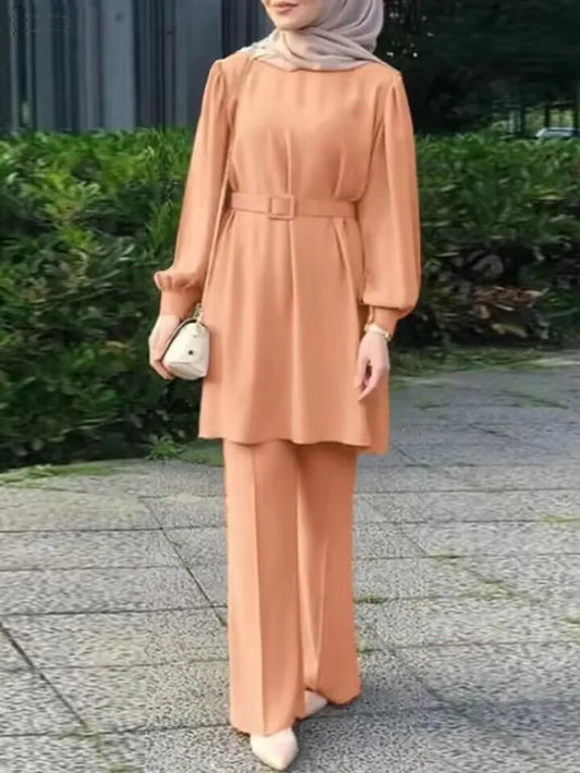 Set Padanan Wanita Muslimah Baju Atasan Warna Pepejal Lengan Panjang dengan Tali Pinggang dan Sut Seluar Longgar Fesyen Elegan Kasual Tracksuit Kaftan 