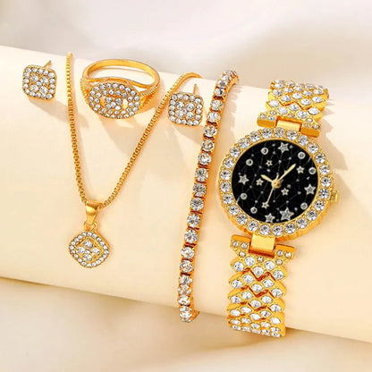 5pcs Set Jam Tangan Kuarza Wanita Kasual Bergaya Jam Tangan Kuarza WANITA Kalung Cincin Anting-Anting Set Jam 