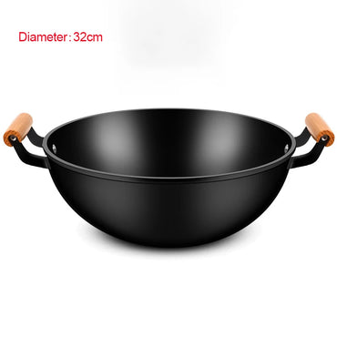 Cast Iron Pan with Double Ears and Wooden Handle for Home Use Uncoated Old Style Thickened Multi-purpose Pig Iron Pancake Pan