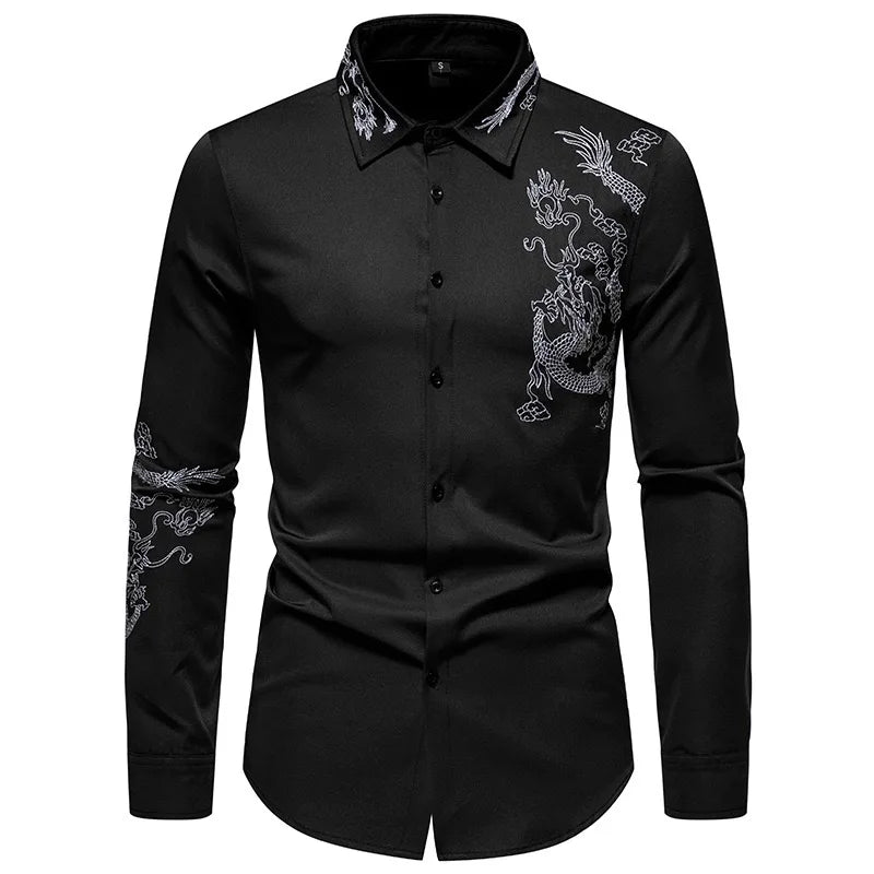 Men's shirt casual and comfortable gold wing floral print shirt 2024 hot selling slim long sleeve formal shirt business fashion