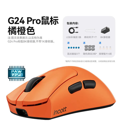 Incott G24 Pro Gaming Wireless Mouse 2 Mode 2.4G Light Weight Mouse Paw3950 Mouse Support 8k Receiver 32000dpi Gaming Mouse Gift