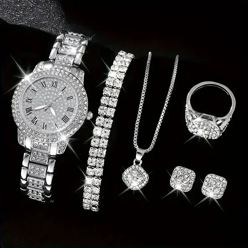 6PCS Set Jam Tangan Wanita Jam Tangan Roman Dail Mewah Rekaan Jenama Kasual Wanita Kuarza Jam Tangan Set Gelang Wanita Montre Femme Reloj 