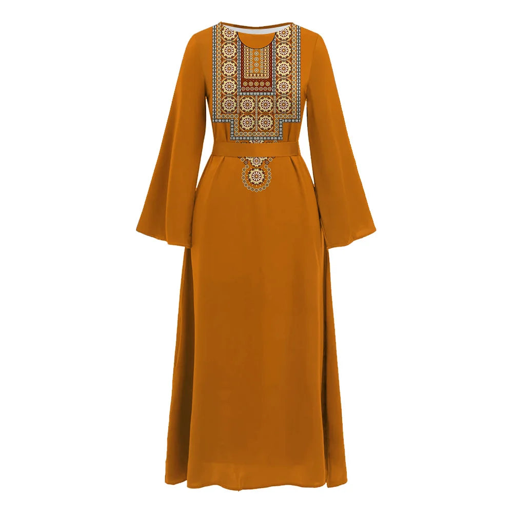 Modest Women Abaya Dress With Belt Islamic Clothing Abaya Dubai 2024 Turkey African Flared Sleeve Round neck Abaya Muslim Dress