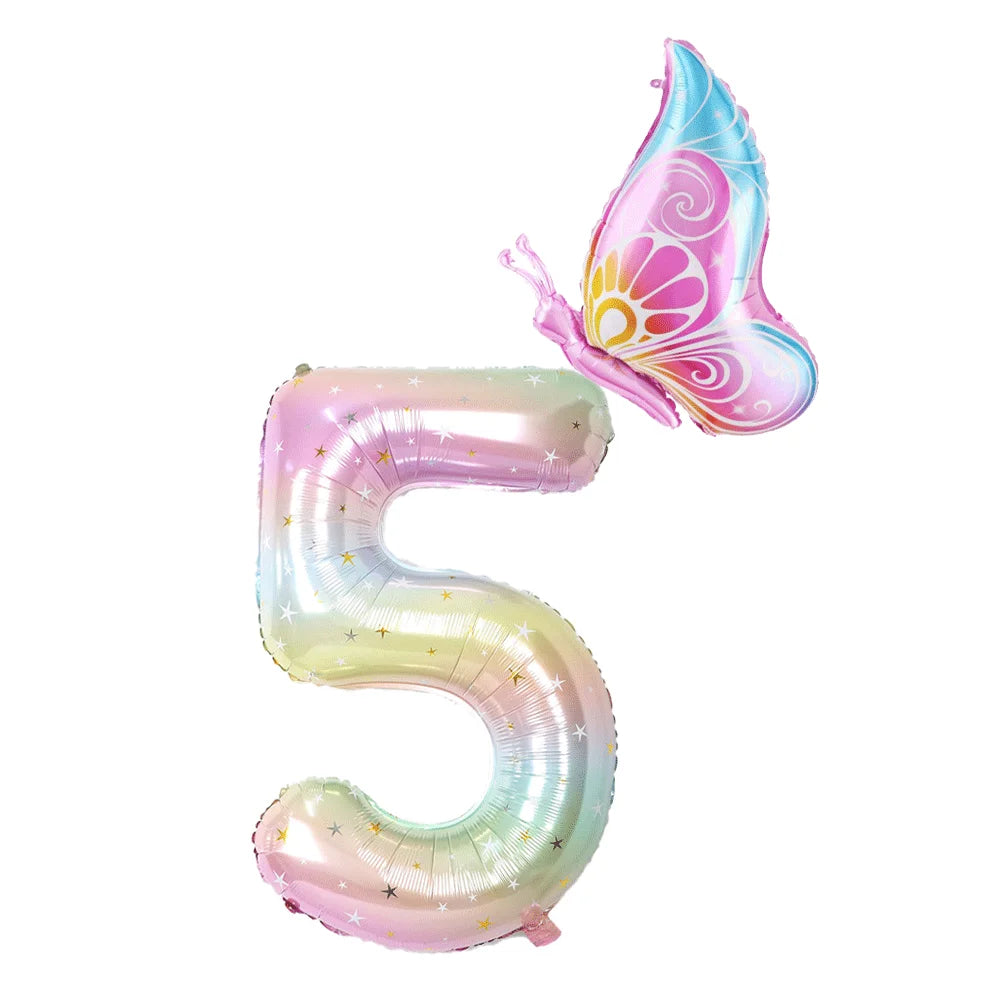 40Inch Colorful Gradient Number Balloon 0-9 Digit Foil Helium Balloon Butterfly Girl Birthday Party Decor Baby Shower Kids Gifts