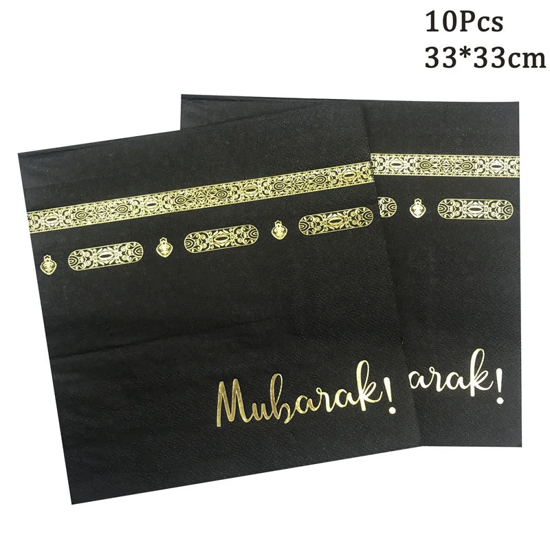 Emas Hitam EID Mubarak Pinggan Kertas Pakai Cawan Napkin Untuk Rumah 2024 Pesta Islam Muslim Ramadan Kareem Meja Bekalan Hari Raya