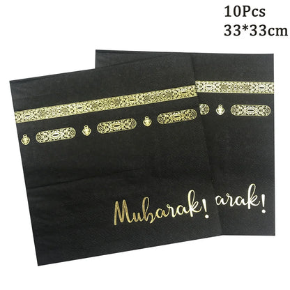 Emas Hitam EID Mubarak Pinggan Kertas Pakai Cawan Napkin Untuk Rumah 2024 Pesta Islam Muslim Ramadan Kareem Meja Bekalan Hari Raya