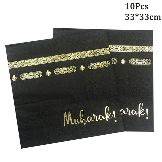 Emas Hitam EID Mubarak Pinggan Kertas Pakai Cawan Napkin Untuk Rumah 2024 Pesta Islam Muslim Ramadan Kareem Meja Bekalan Hari Raya
