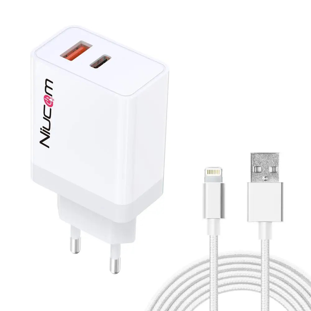 Niucom 快速充电充电器 iphone 12 11 36W 双 USB 插头高通 Type C 充电器 + 编织闪电线 充电器 QC 