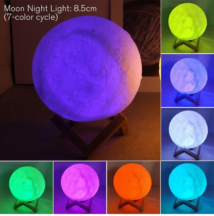 8cm Moon Lamp LED Night Light Dikuasakan Bateri Dengan Stand Starry Lamp Hiasan Bilik Tidur Lampu Malam Hadiah Kanak-kanak Lampu Bulan 