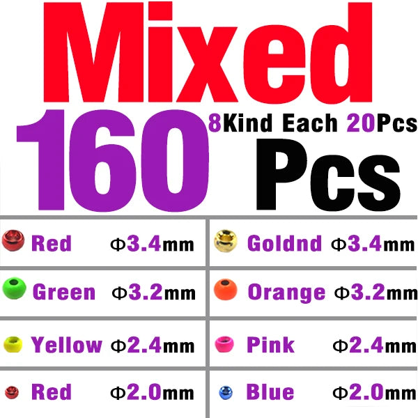 MNFT Multiple Colour 160PCS 2/2.4/3.2/3.4mm Brass Beads Fly Tying Nymph Head Ball Beads