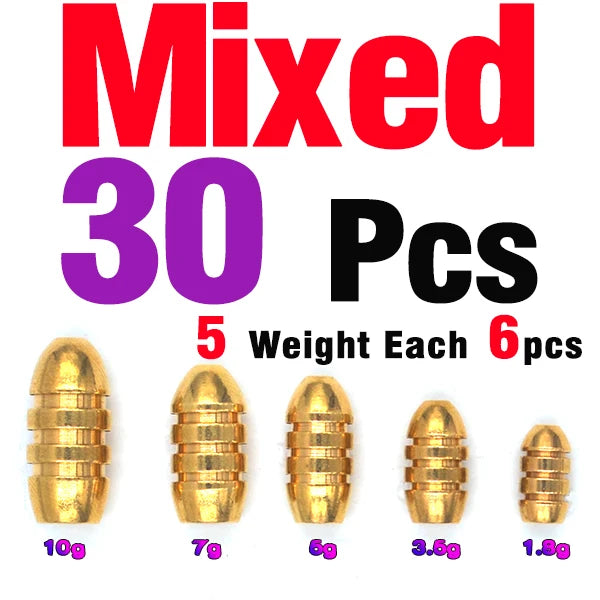 MNFT 30Pcs BRASS BULLET SINKERS Drop Shot Weights Fishing Sinkers Weight Sinkers 1.8g 3.5g 5g 7g 10g