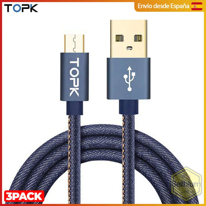 TOPK 牛仔布涂层 Micro USB 数据线，适用于带 Micro USB 端口的设备