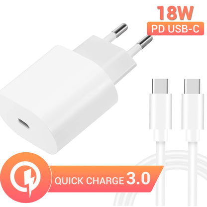 Quick charge 18W charger with USB Type-C PD connection for Android or IOS mobile, tablet with Type-C cable