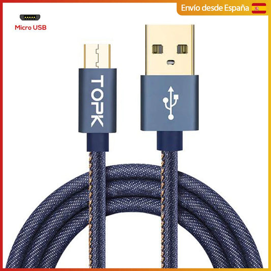 TOPK 牛仔布涂层 Micro USB 数据线，适用于带 Micro USB 端口的设备