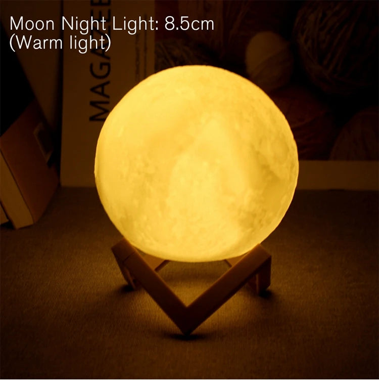 8cm Moon Lamp LED Night Light Dikuasakan Bateri Dengan Stand Starry Lamp Hiasan Bilik Tidur Lampu Malam Hadiah Kanak-kanak Lampu Bulan 