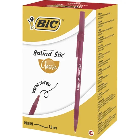 Bic Round Stic 60 支圆珠笔经典中号 1.0 毫米高品质蓝色/黑色/红色盒装文具学校办公用品